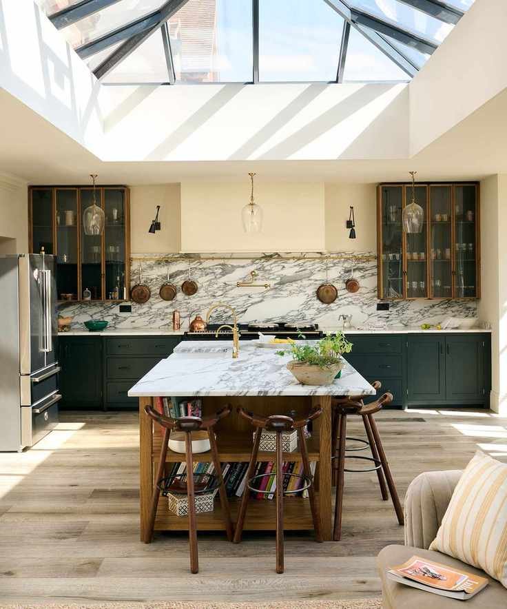 Mix and match kitchen with wood and glass cabinets
