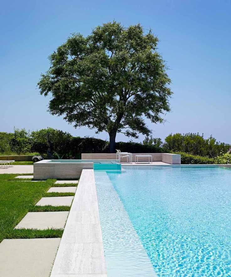 a contemporary pool with outdoor spa and patio
