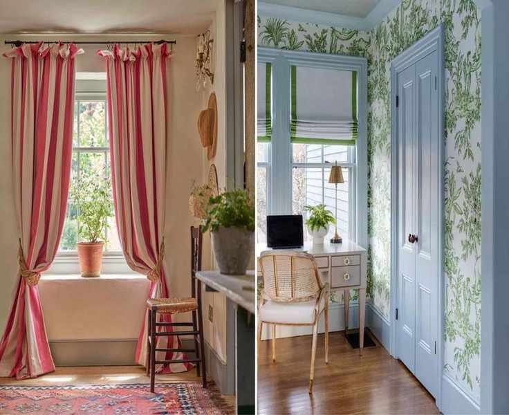 On the left, a rustic warm-toned room showcases floor-length curtains. On the right, a bright traditional office features Roman shades in white with a bold green border