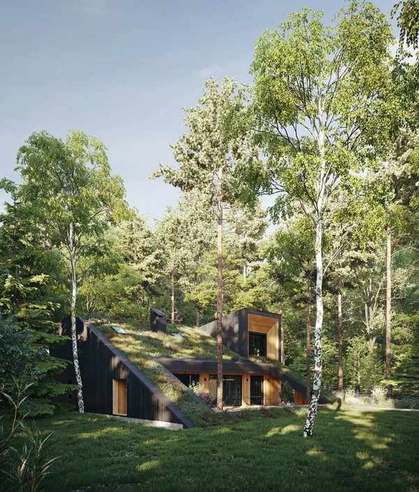 green home built into hill