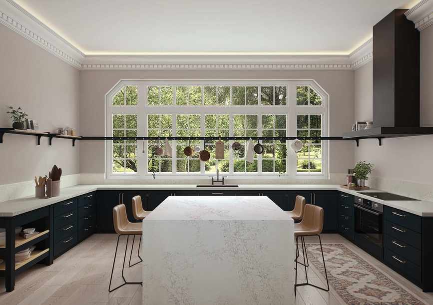 Black kitchen units with light caeserstone worktops