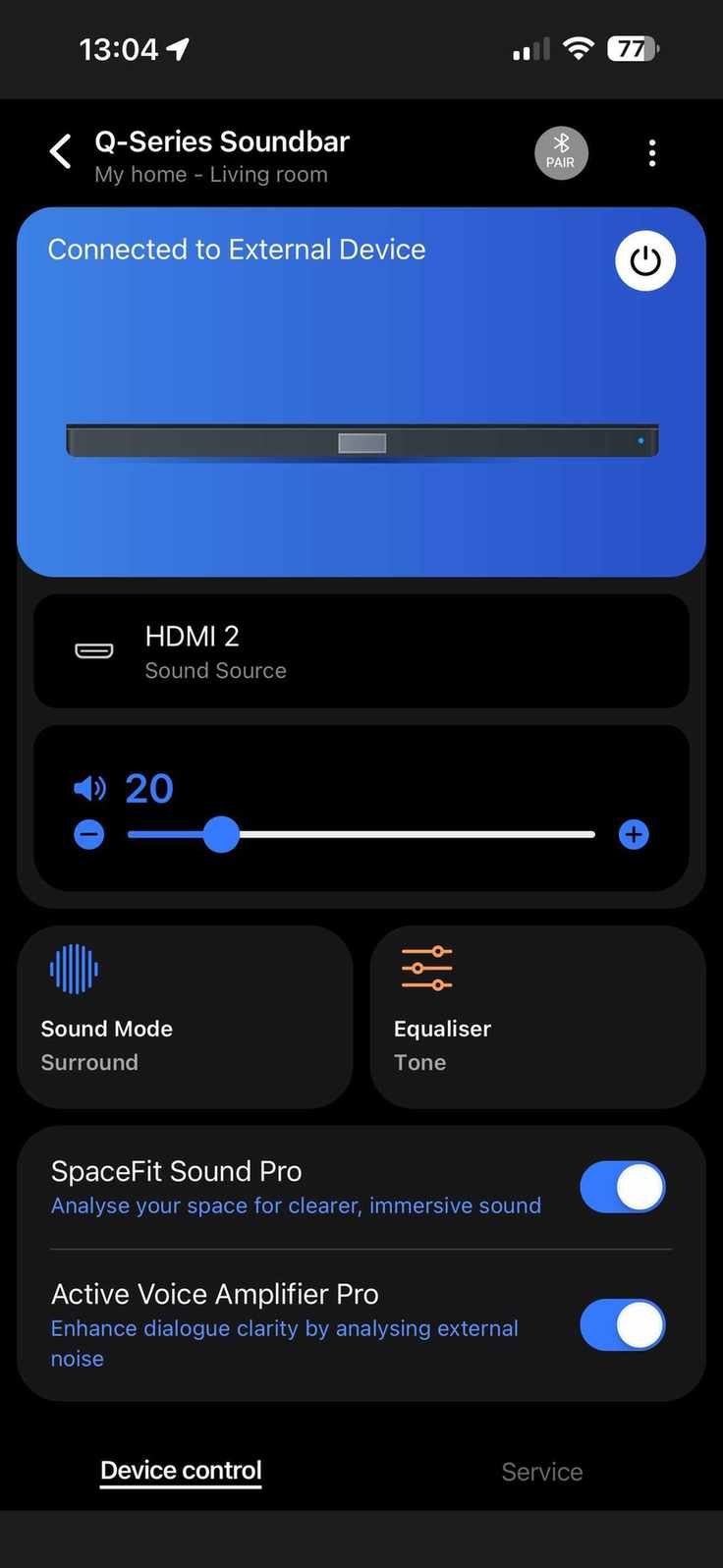 Screenshot of the SmartThings app, showing main screen for Samsung HW-Q990F soundbar.