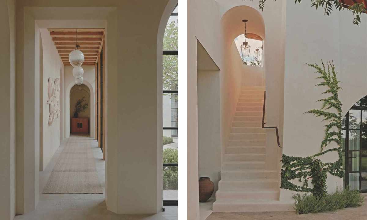 Left image: a long entryway with wood paneled ceilings and an arch at one end. Right image: Entryway leading up to a white staircase