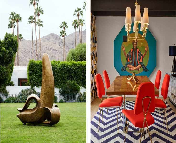 two pictures next to each other. On the left, the big gold banana at Parker Palm Springs. On the right, orange dining chairs on a striped blue rug