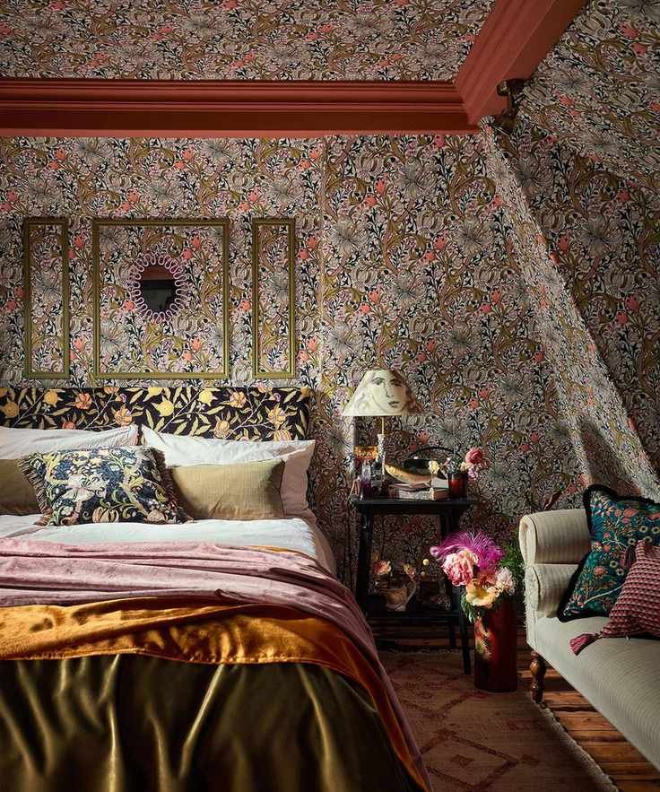 Maximalist bedroom with bold wallpaper