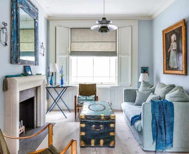 Luxury living room in small space with blue color scheme