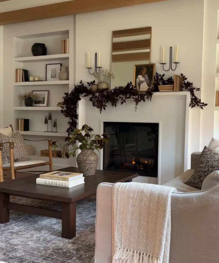 fall mantel ideas neutral living room