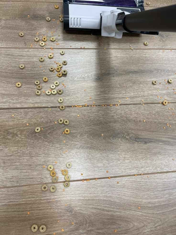 Shark Detect Pro Cordless vacuuming cereal and red lentils on wooden floor