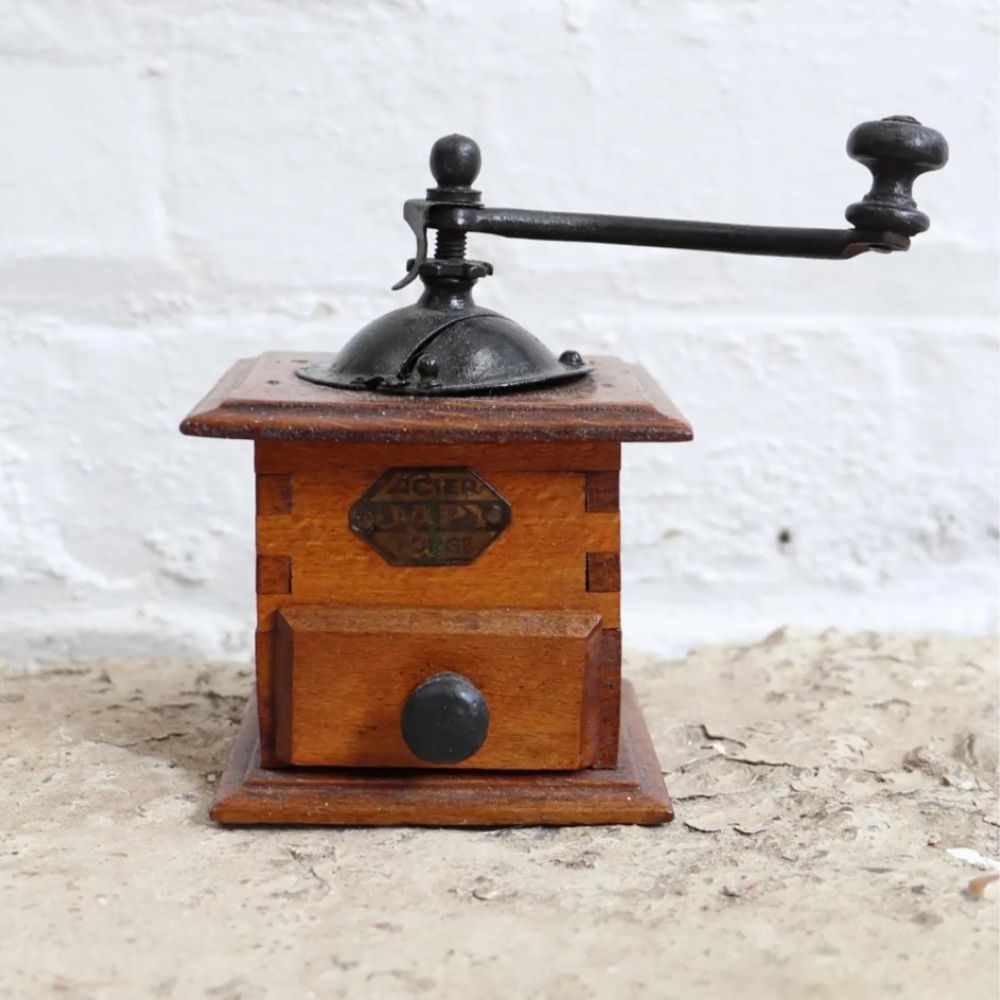 Vintage wooden box pepper mill with metal handle and small drawer