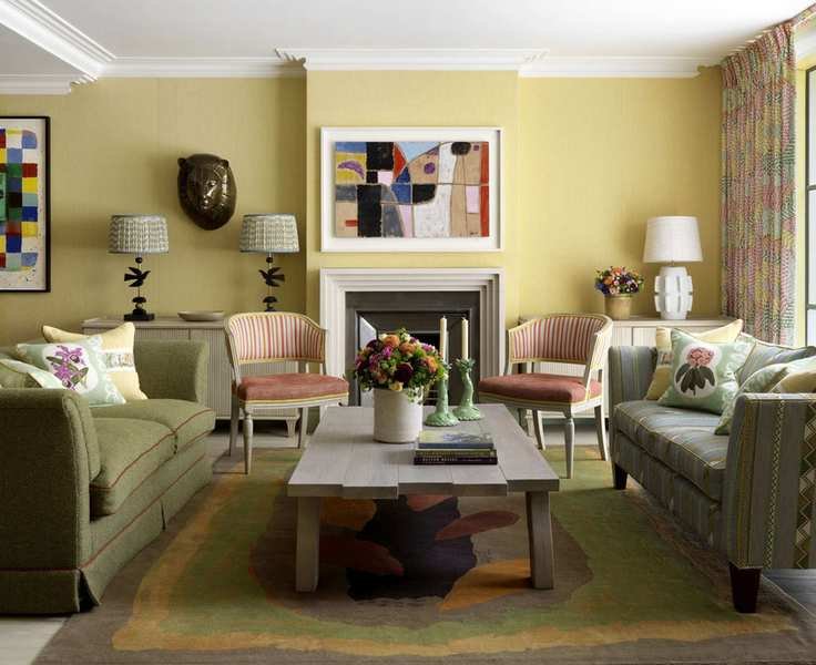living room with green sofas