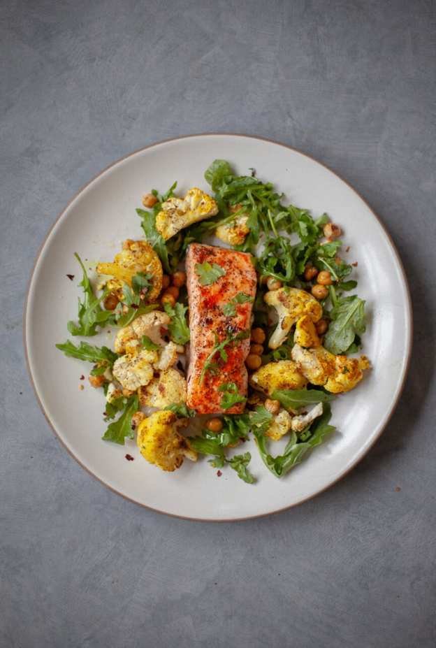 Quick and Easy Broiled Salmon with Curried Cauliflower and Greens