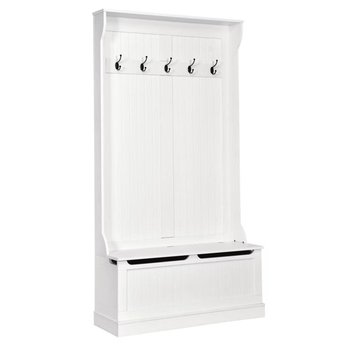 white bench storage seating with hooks, shiplap style
