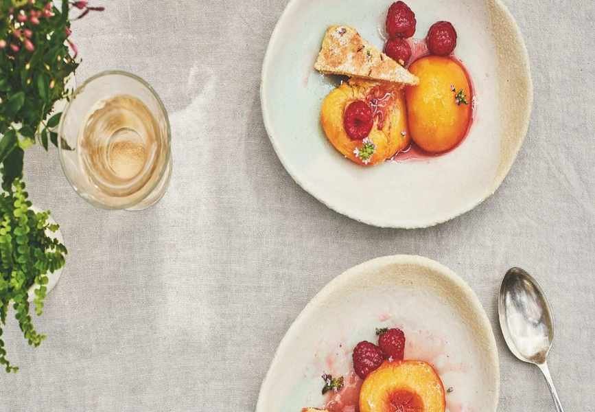 Delightful Poached Peaches with Raspberries and Thyme Shortbread