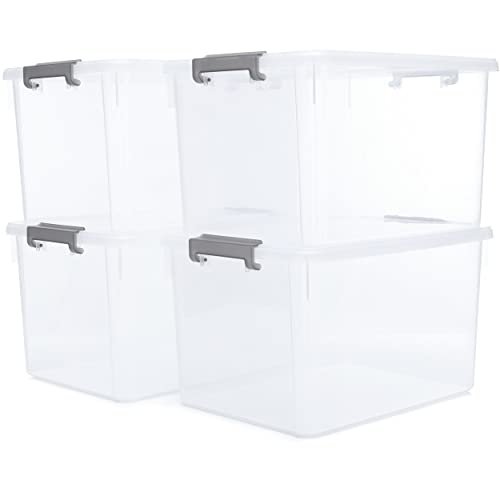 Four 32 Qt Plastic Storage Bins With Gray Latching Lids
