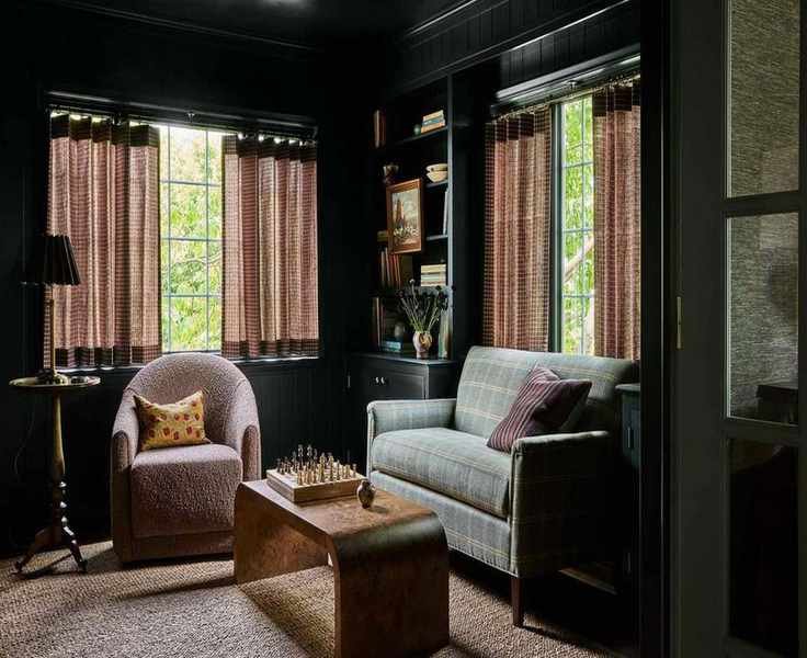 dark green small living room painted in Black Forest Green