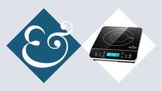 A black portable induction burner in a white diamond, beside a dark blue diamond with an & in it.