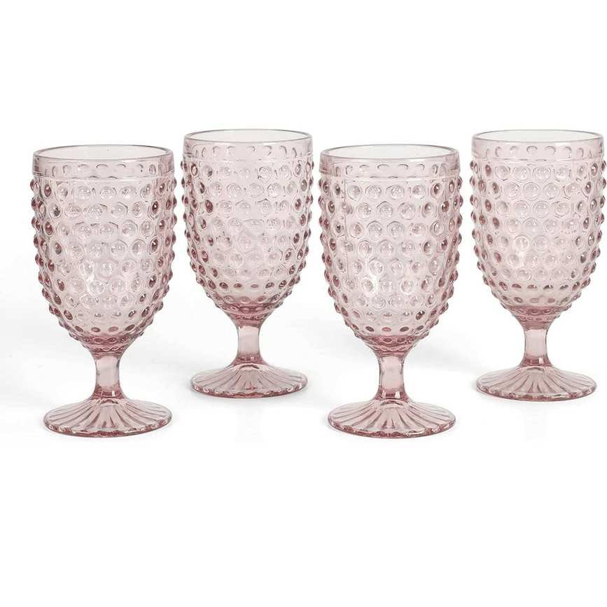 Chauncey 4-Pack 14.2 oz Hobnail Handmade Glass Goblet - Pink