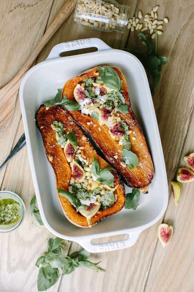 Savory Roasted Butternut Squash with Goat Cheese, Figs, and Pesto