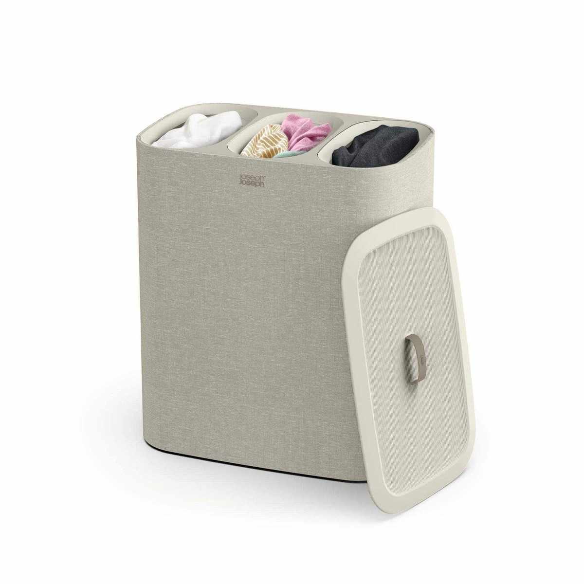 A beige fabric laundry hamper with three compartments and a removable lid
