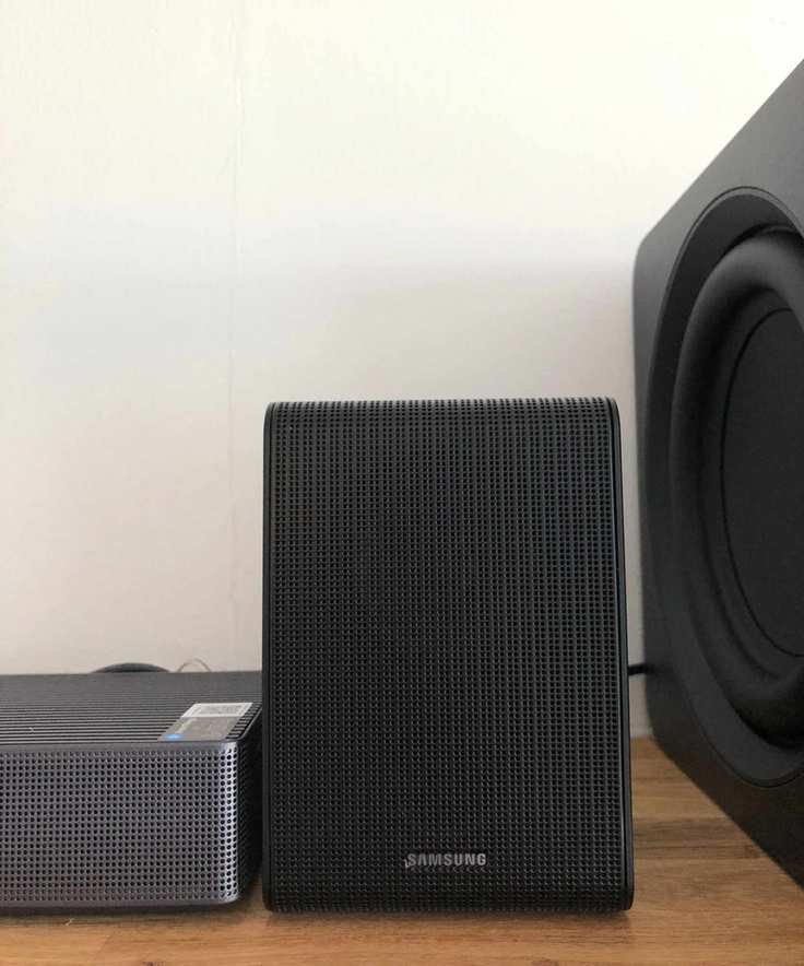 Closeup of Samsung HW-QS750F surround speaker.