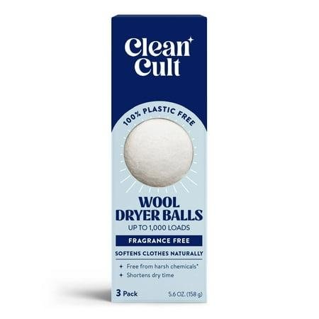 A long rectangular blue cardboard box with a wool dryer ball visible through a cut-out in the center.