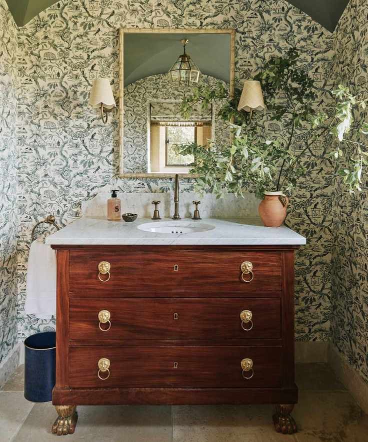 small bathroom with floral wallpaper