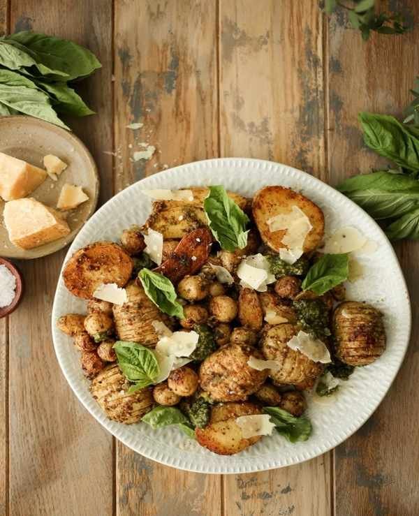plated pesto parmesan potatoes