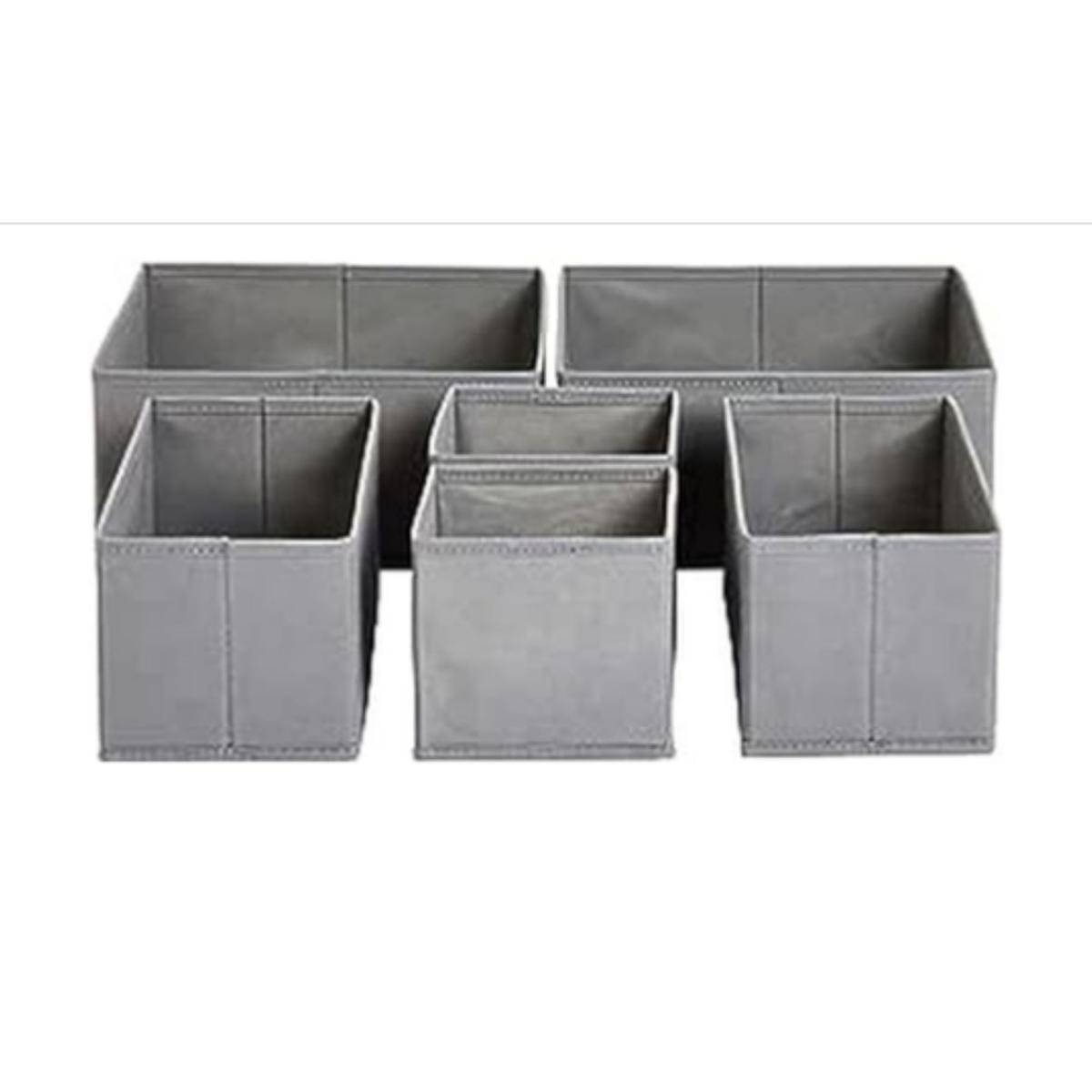 Six gray fabric drawer bins