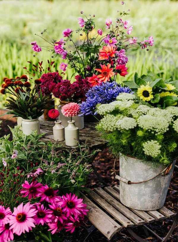 selection of blooms in buckets from cut flower garden