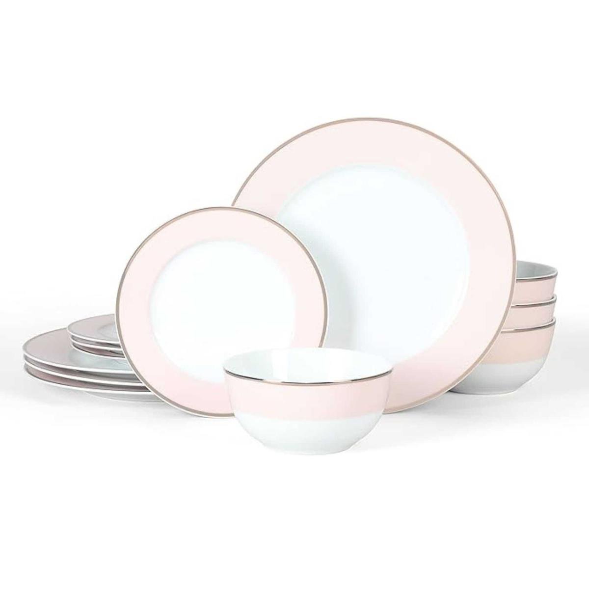Porcelain Decorated Chip and Scratch Resistant Dinnerware Set - Pink w/Gold Rim
