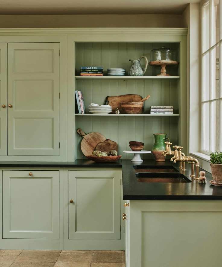 Shaker kitchen in Lichen by Farrow &amp; Ball
