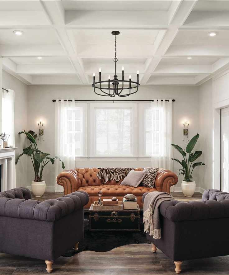 How to plan living room lighting with wall lamps by Kichler, an orange sofa and two purple armchairs