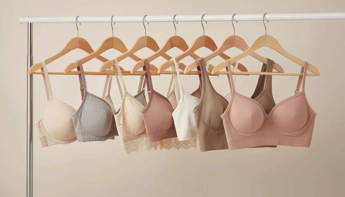 The image showcases a variety of bra styles displayed on hangers, featuring neutral colors that cater to different body types and breast shapes. Each bra is designed to provide the perfect fit, with options for various cup sizes, including D cup and 34D bra size, ensuring comfort and support for everyday wear.
