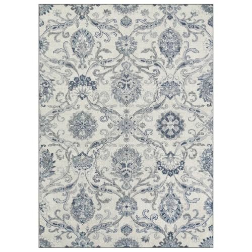 Maples Rugs Blooming Damask Area Rugs &ndash; Made in Usa &ndash; Low Pile, Non Slip Pet-Friendly Mat for Bedroom, Office, Living & Dining Room, 5' X 7', Grey/blue
