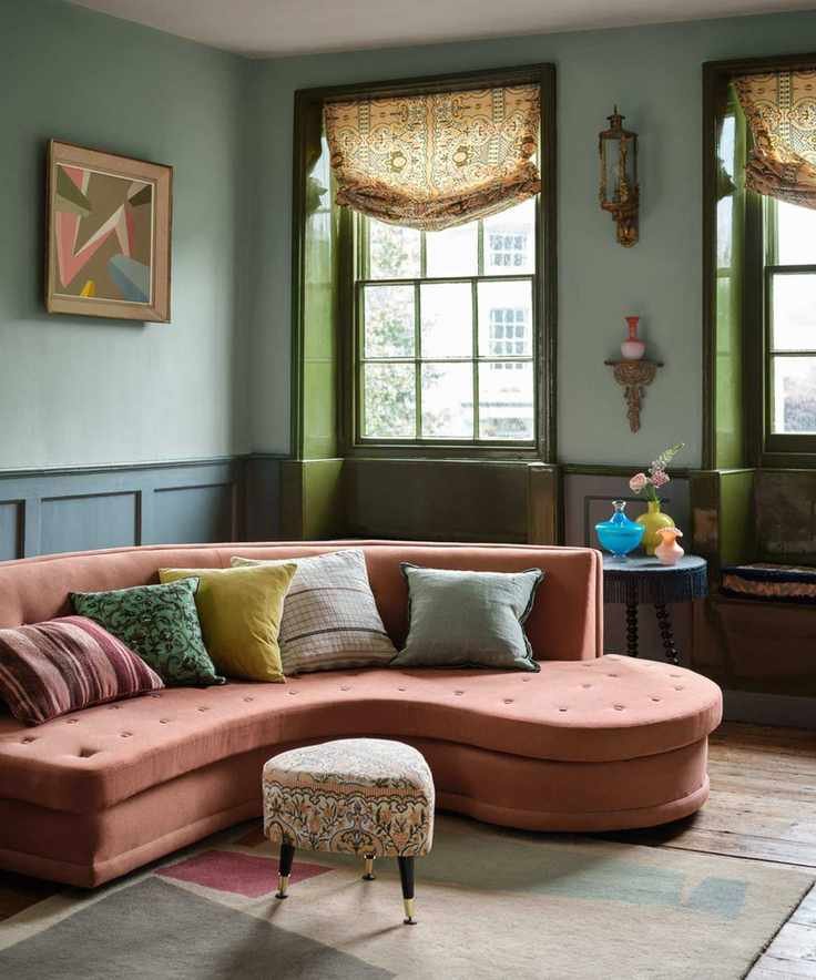Blue painted living room with curved sofa and vintage accents including heart shaped foot stool and patterned window treatments.