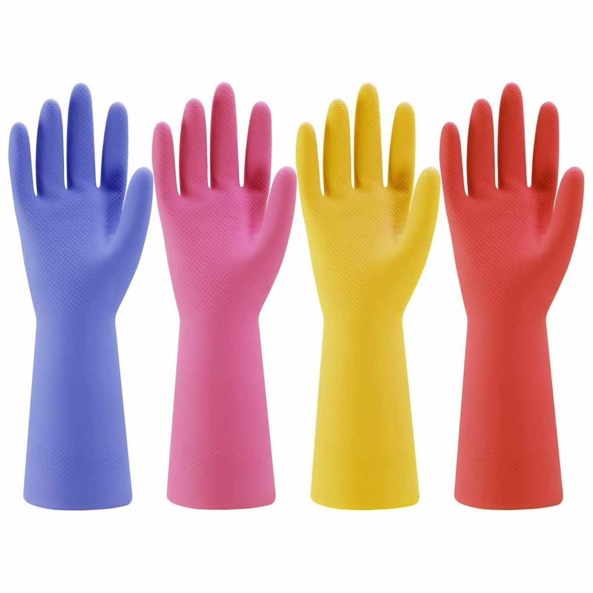 Four rubber gloves in purple, pink, yellow and red