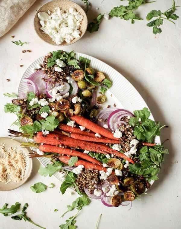 Plant-based reset - roasted carrot and Brussels sprouts salad with lentils