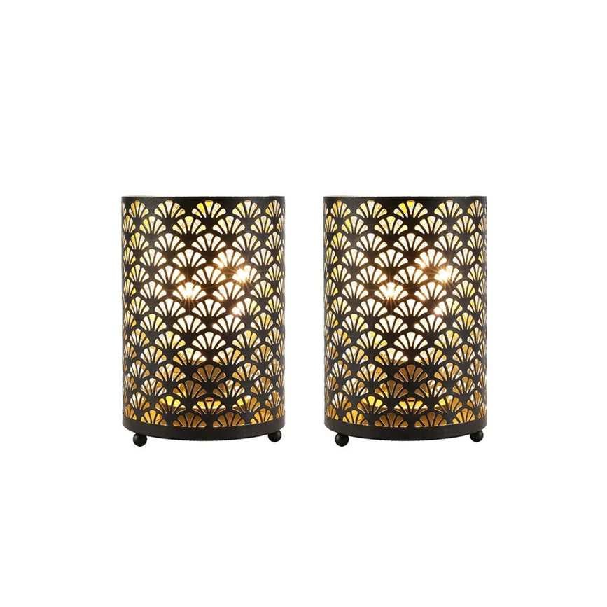 Two cylinder-shaped outdoor lamps with art deco patterns