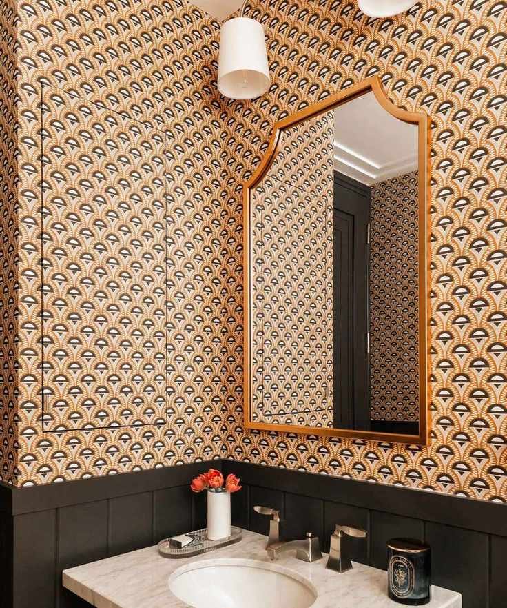 cloakroom bathroom with art deco wallpaper