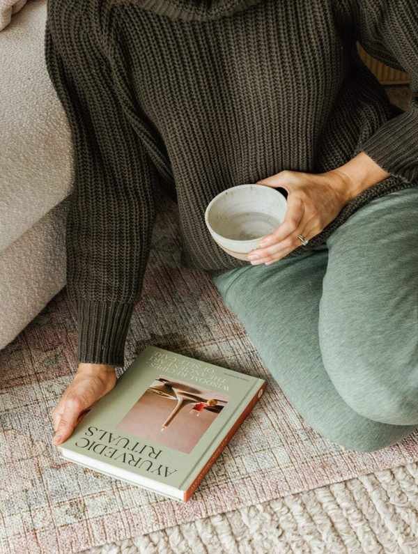 reading book and drinking coffee