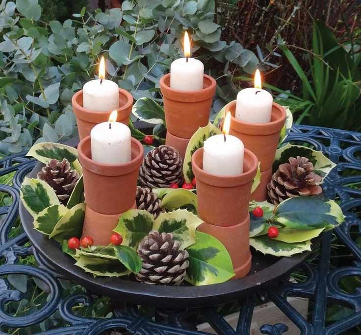 Tray with candles in terracotta pots