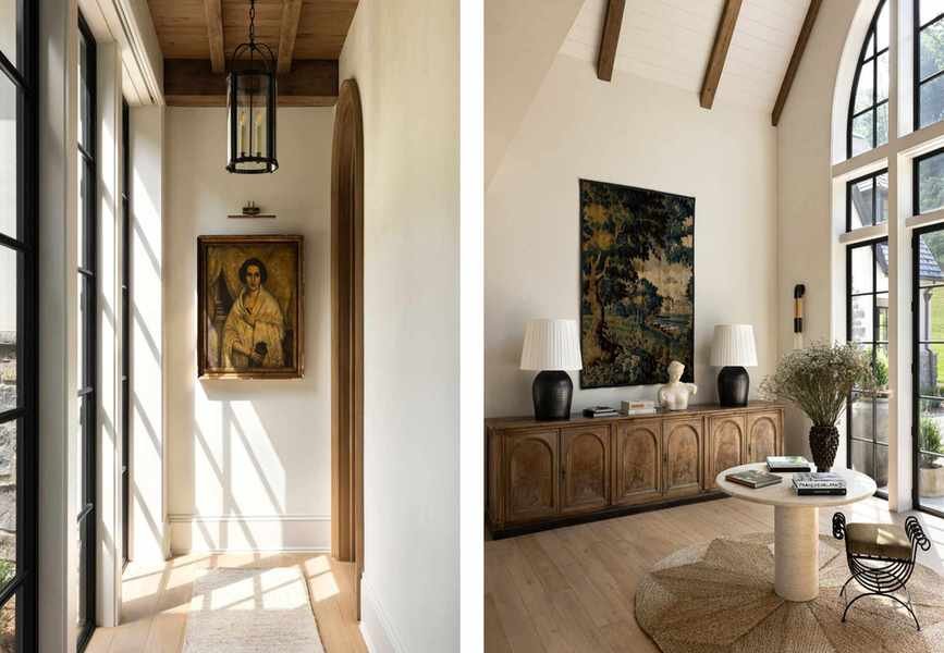 Split image of light filled entryway and an entryway with large windows