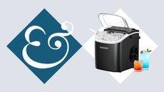 A black counter ice maker in a white diamond, beside a dark blue diamond with an '&' inside.