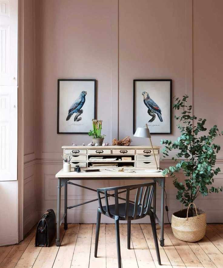A pink home office with desk and chair next to a tall plant in basket