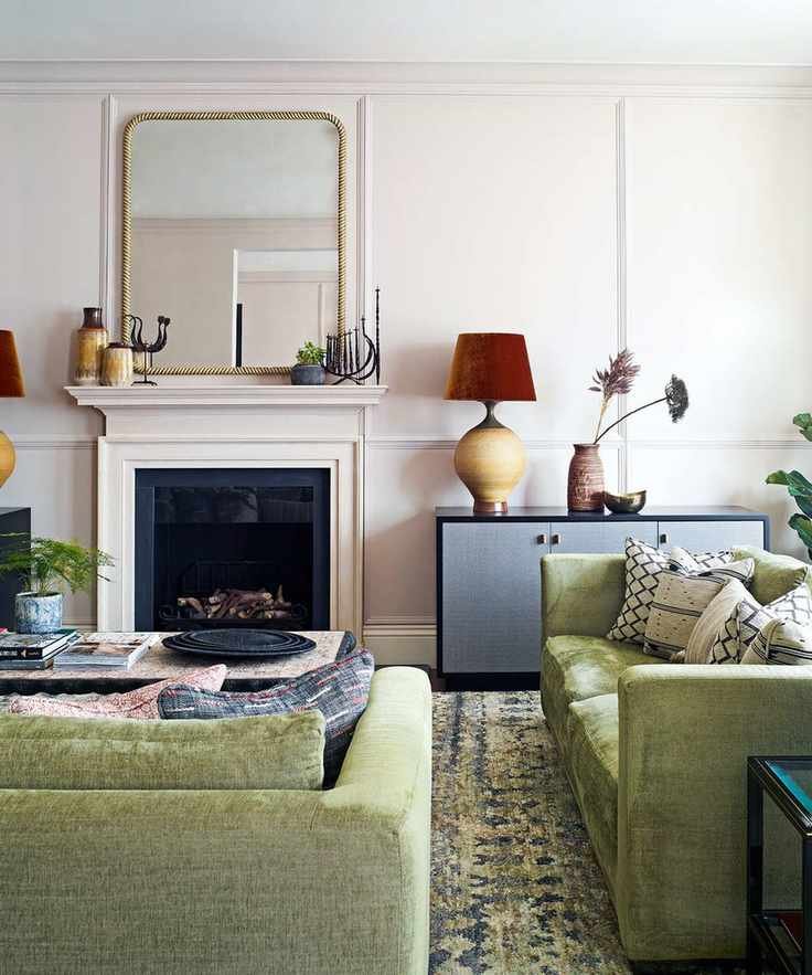 Modern living room with marble fireplace