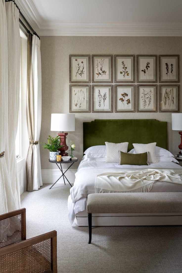 botanical art prints above bed in bedroom by Kitesgrove