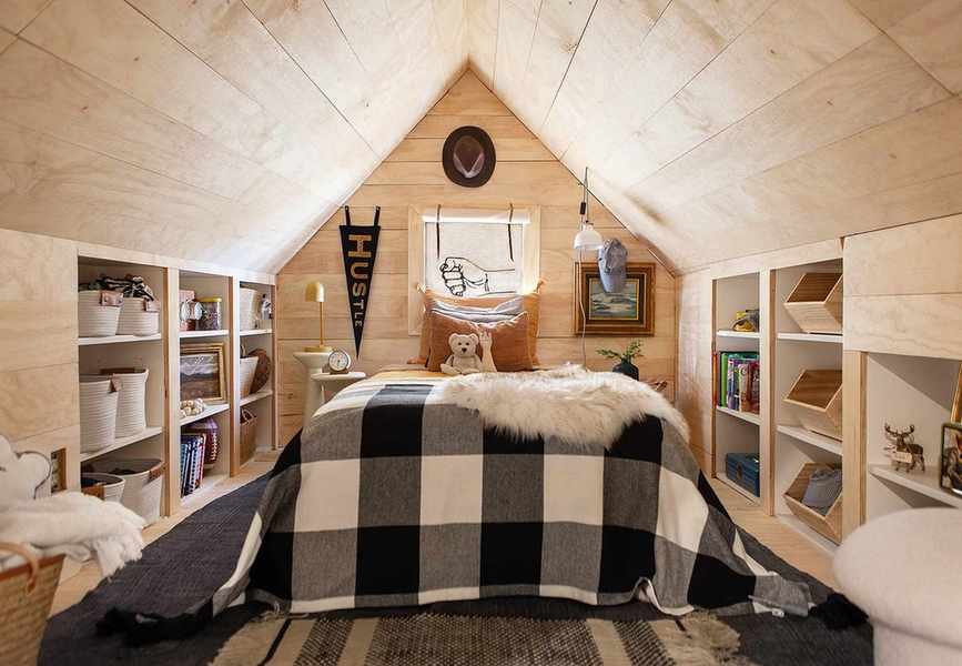 Plywood kids bedroom with built-in storage
