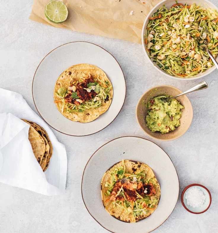 Chili-Spiced Salmon Tacos with Cashew-Broccoli Slaw