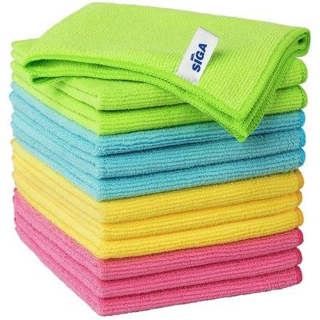 stack of colorful microfiber cloth. pink on the bottom, then yellow, blue and green.