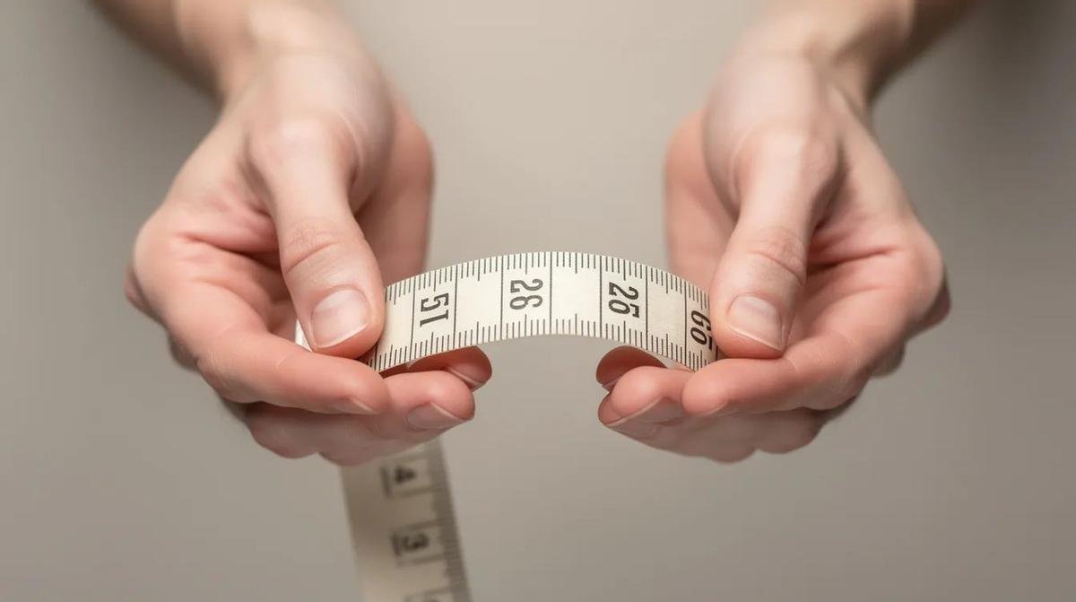 Close-up image of hands using a fabric measuring tape against a neutral background to emphasize accurate bra size measurement, including band and cup size.